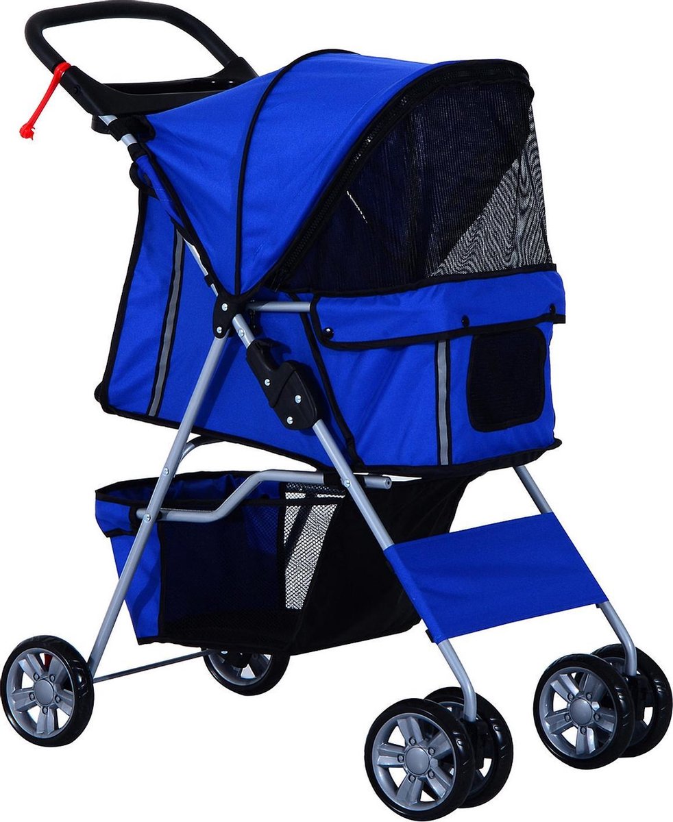 PawHut Hondenbuggy met zonnedak en opbergnet blauw 75 x 45 x 97cm
