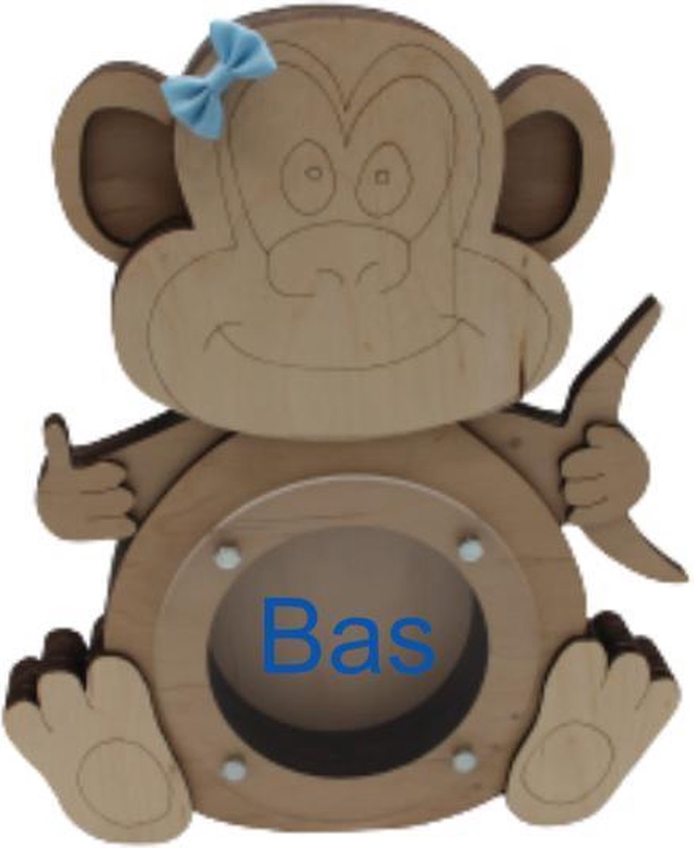 Houten spaarpot Aap met naam in kleur naar keuze.