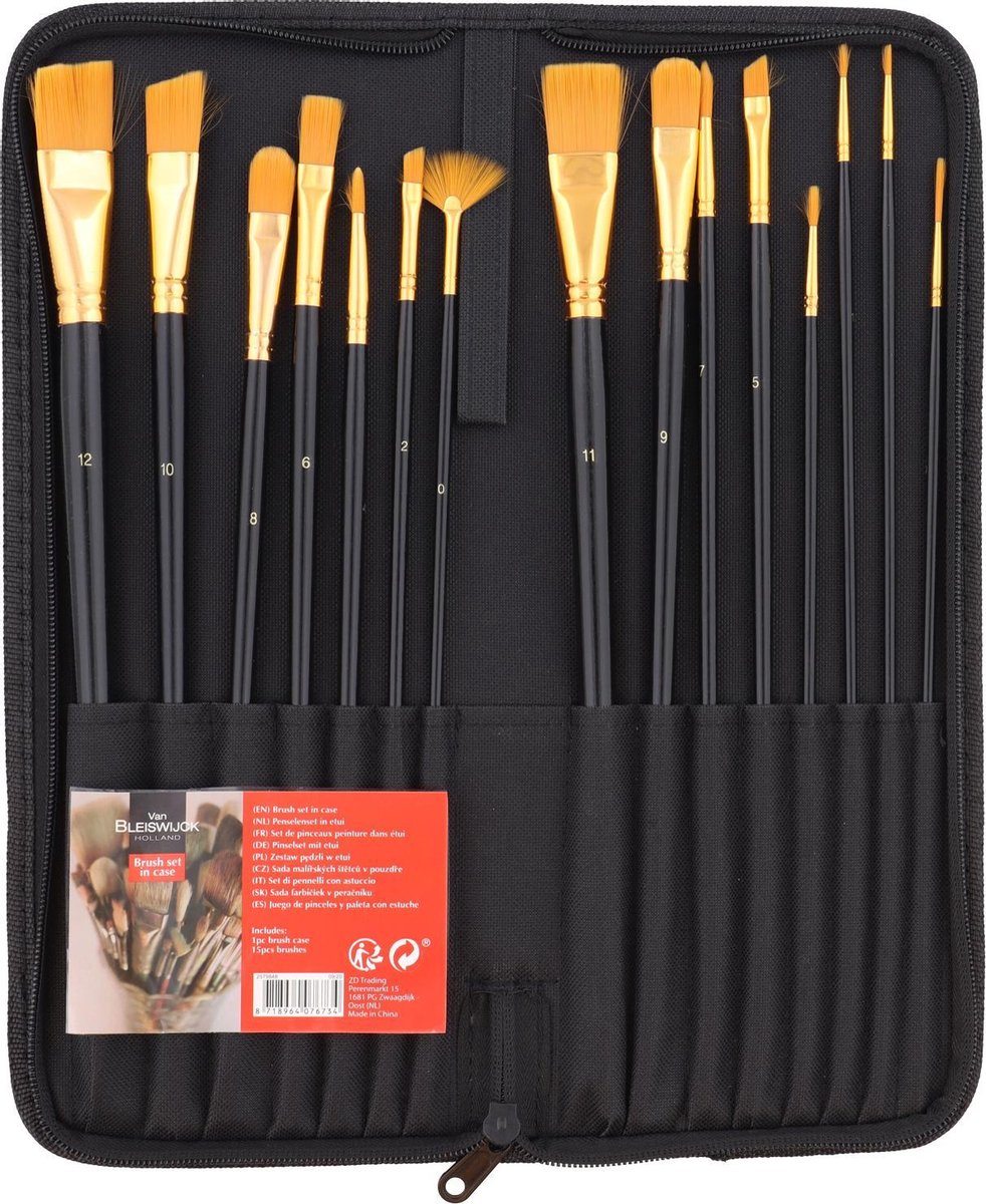 Professionele Penselenset - Penselen - Kwasten - Kwastenset - Verf - Verven - Schilder - Schilderen - Olieverf en Acrylverf - In Handige Etui - 15-DELIG - Kwalitatieve Set