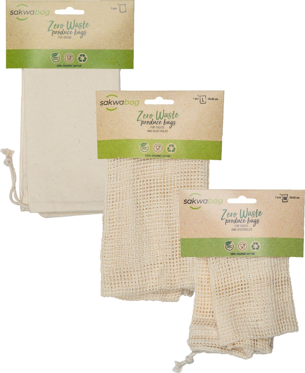 Sakwabag Groente & Fruit zak - Biologisch katoen - Maat M + L + bread bag