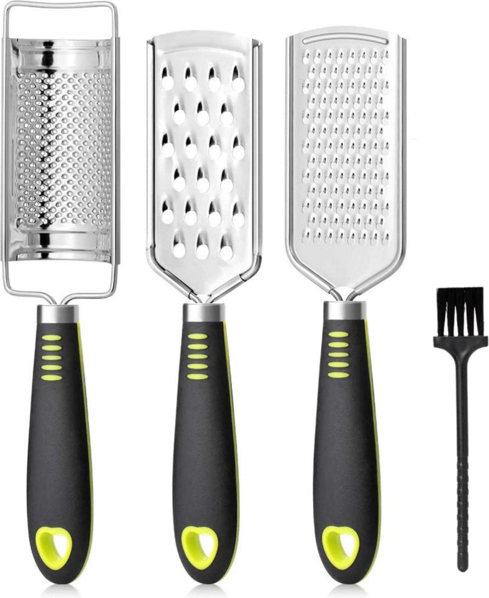 Monno Professionele Rasp Set van 3 - Multifunctionele Handraspen - Grof/Medium/Fijn - Incl. Schoonmaakborstel - RVS - Zwart/Groen