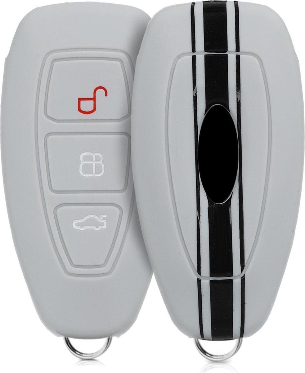 kwmobile autosleutelhoes voor Ford 3-knops autosleutel Keyless Go - Siliconen beschermhoes in zwart / grijs - Rallystrepen design