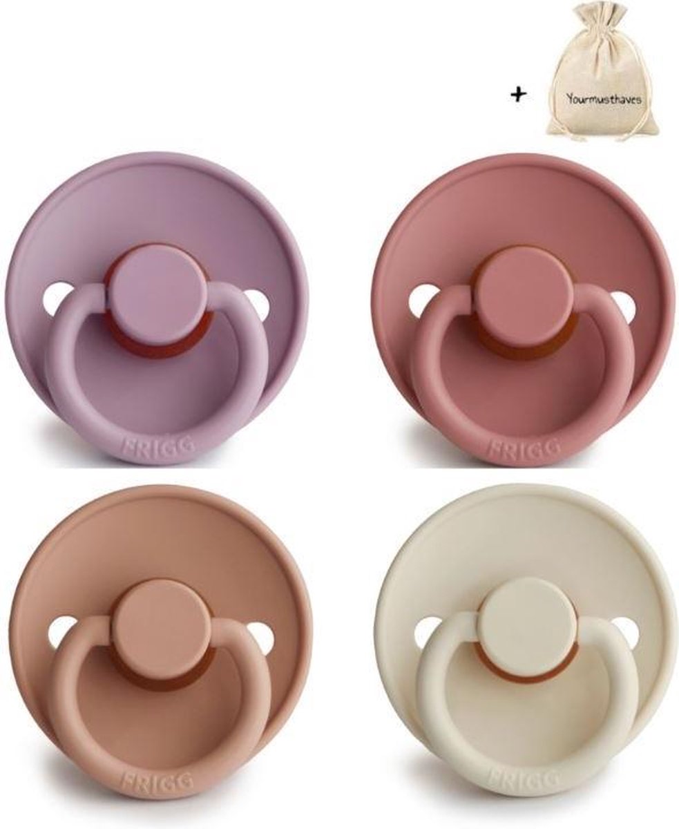 FRIGG | Fopspeen set 4 stuks | T2 | 6-18 maanden | Classic | Natuurrubber | Heather + Powder Blush + Rose Gold + Cream | Met YOURMUSTHAVES speenzakje