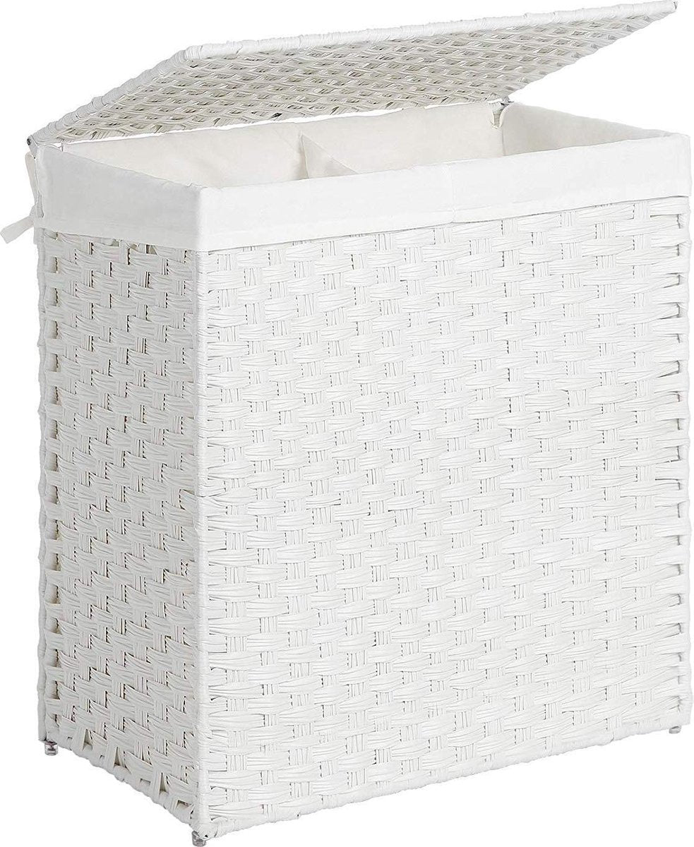 Bamboe wasmand met 2 vakken - 100L - Wasmanden met deksel - Handgevlochten - Wit