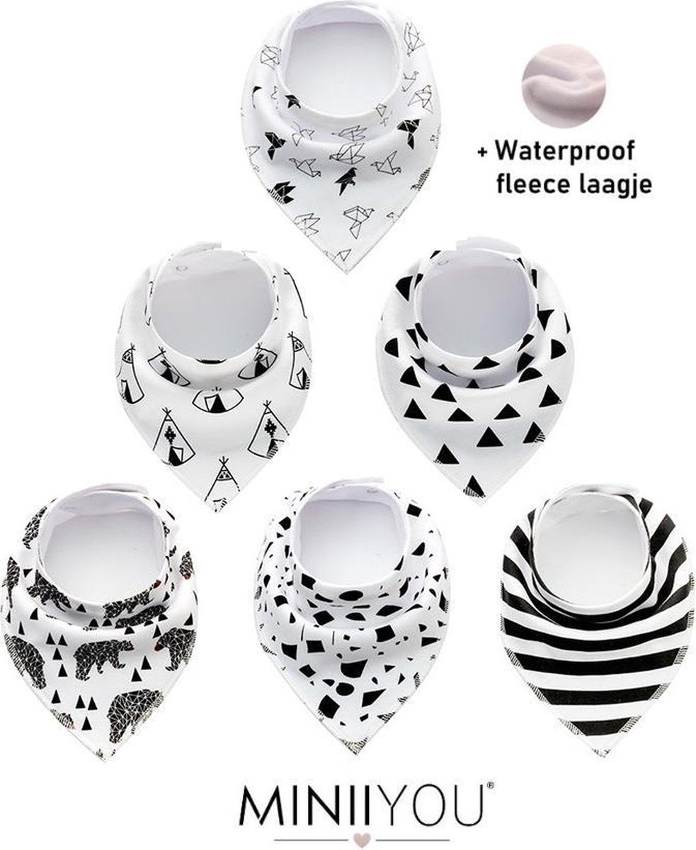 MINIIYOU® Set van 6 stuks | Bandana kwijl Slabbetjes beer zwart wit jongens - meisjes | WATERPROOF fleece laag achterzijde | Baby en peuter slab | puntslab | Stoere Puntsjaaltjes | Slabber Verstelbaar in 2 maten | Groot formaat