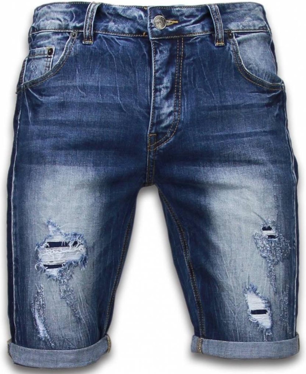 Enos Korte Broeken Heren - Slim Fit Torn Look Shorts - Blauw - Maten: 38