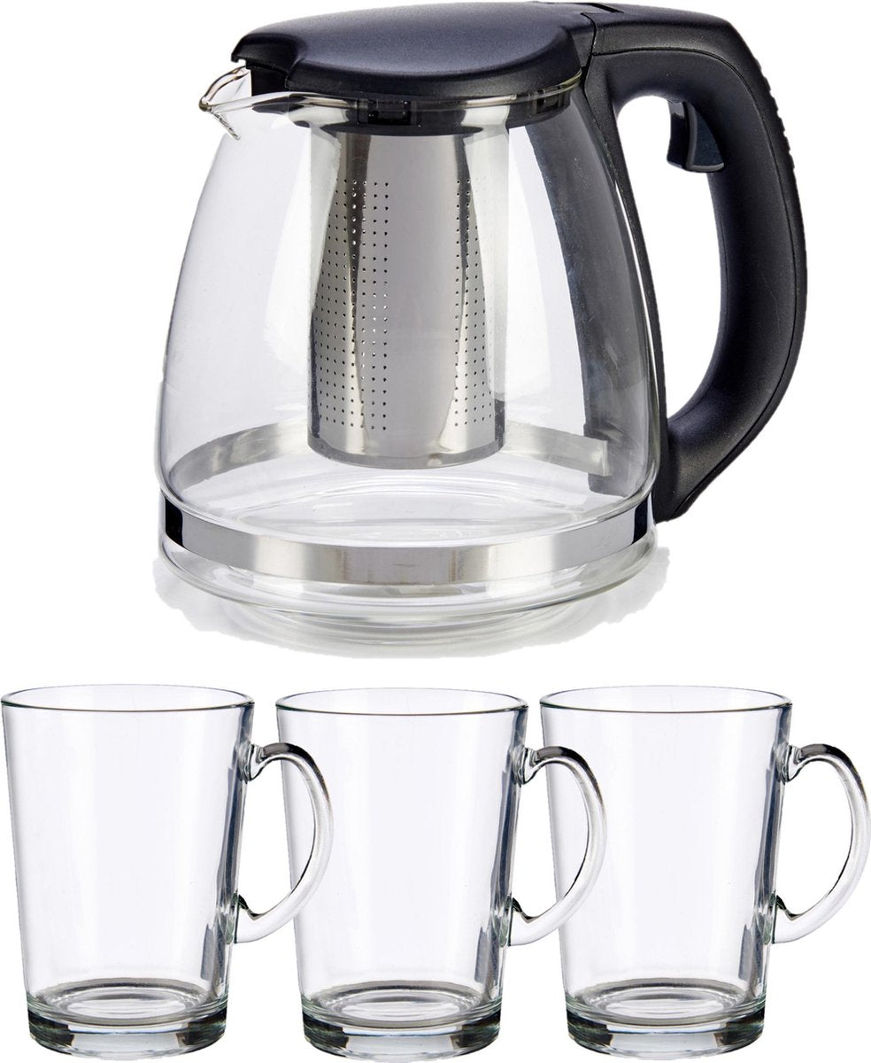 Glazen theepot met filter/infuser van 1200 ml met 6x stuks theeglazen van 250 ml