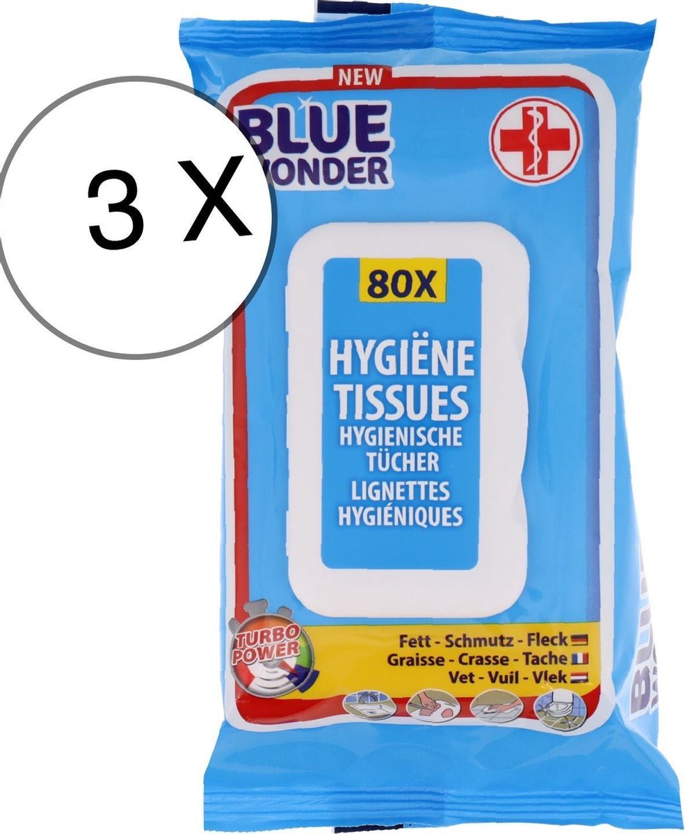 Blue Wonder Desinfectie doekjes - met ontsmettende alcohol in handige hersluitbare meeneem dispenser verpakking - 3 x 80 stuks