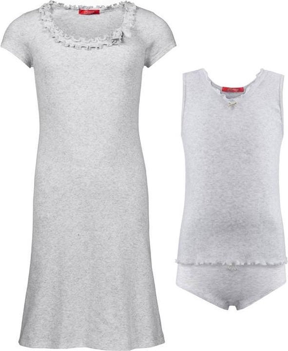 Exclusief Luxueus Kinder nachtkleding ; een Luxe mooi zacht grijs Girly Nachthemd met een verfijnde hals verwerking én een bijpassend zacht grijs ondergoed setje maat 128