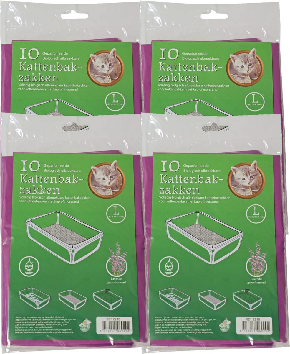 40x stuks bio kattenbak afvalzakken lavendel 50 x 20 x 37 cm - Kattenbakzakken