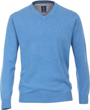 Redmond heren trui katoen - V-hals - blauw melange -  Maat: 3XL