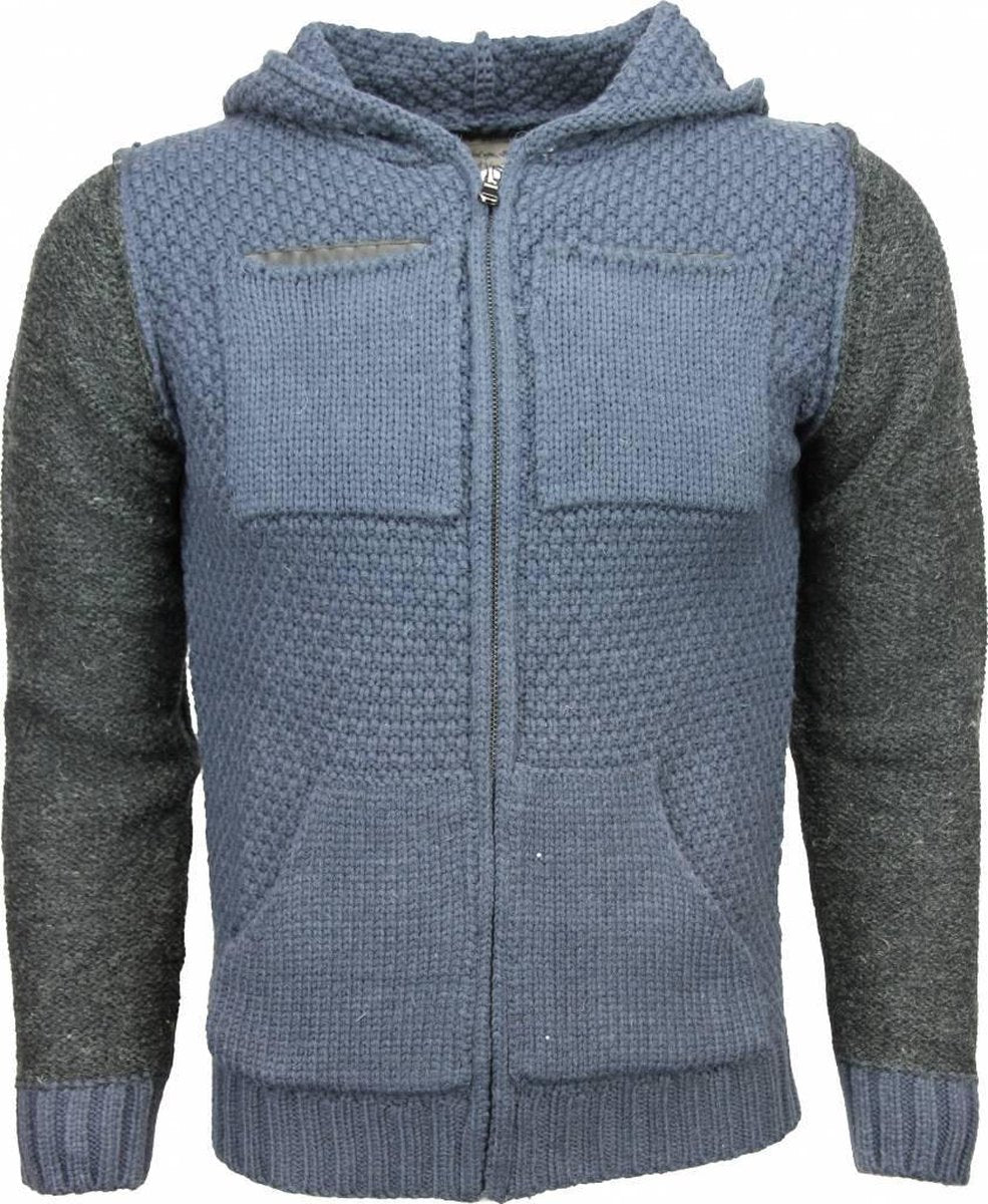 Enos Casual Vest - Breiwol Capuchon Twee Kleuren Blanco - Blauw - Maten: L
