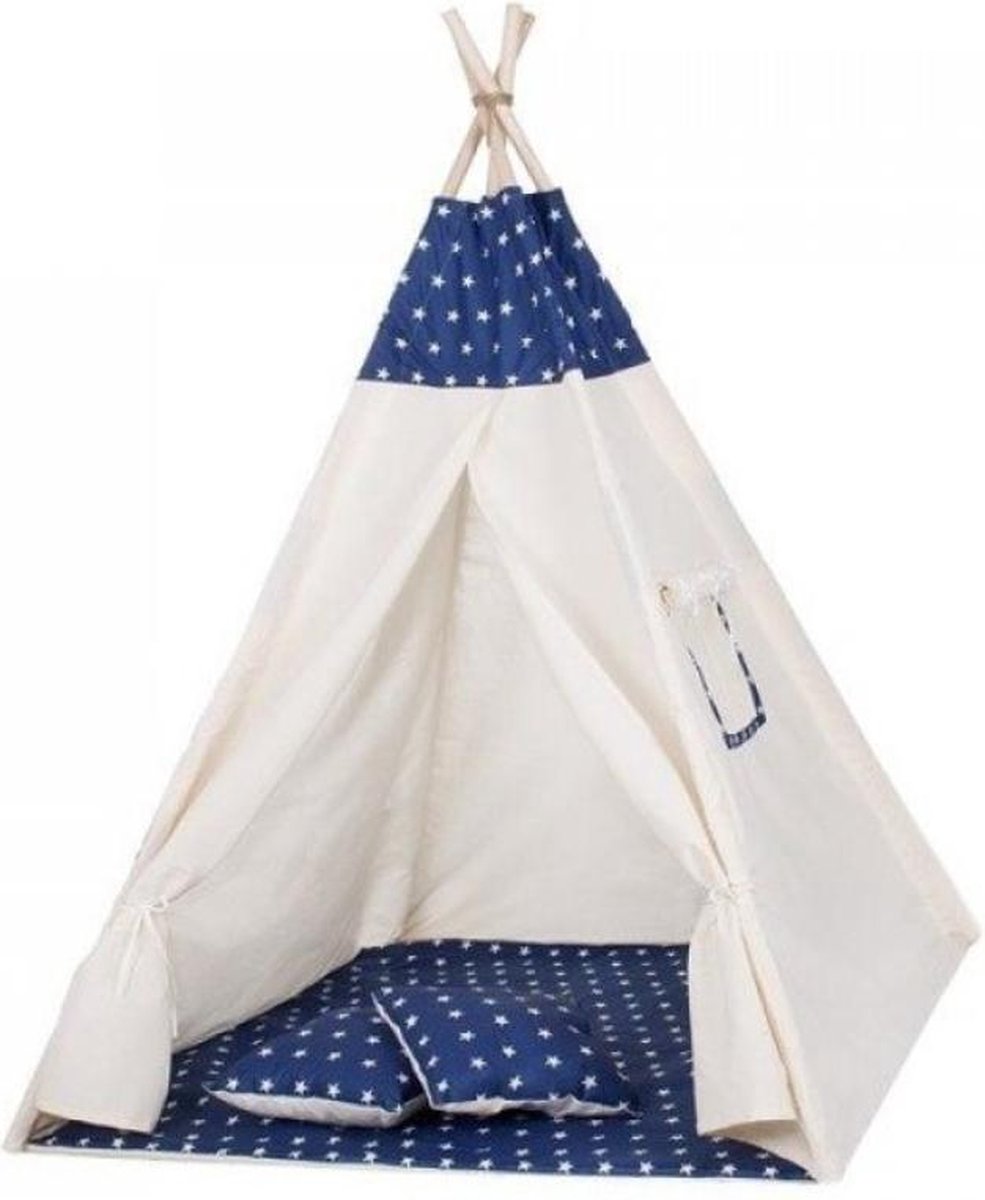 Springos Tipi Tent | Wigwam Speeltent | 120x100x180 cm | Met Mat en Kussens | Naturel Navy | Sterren