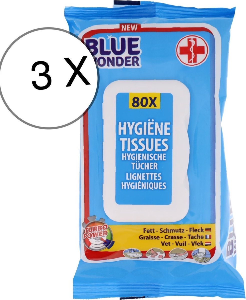 Blue Wonder Desinfectie doekjes - met ontsmettende alcohol in handige hersluitbare meeneem dispenser verpakking - 3 x 80 stuks