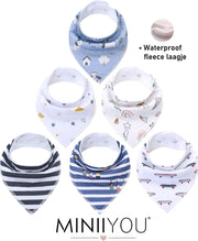 MINIIYOU® Set van 6 stuks | Bandana kwijl Slabbetjes jongens strepen blauw schattig | WATERPROOF fleece laag achterzijde | Baby en peuter slab | puntslab | Stoere Puntsjaaltjes | Slabber Verstelbaar in 2 maten | Biologisch katoen | Groot formaat