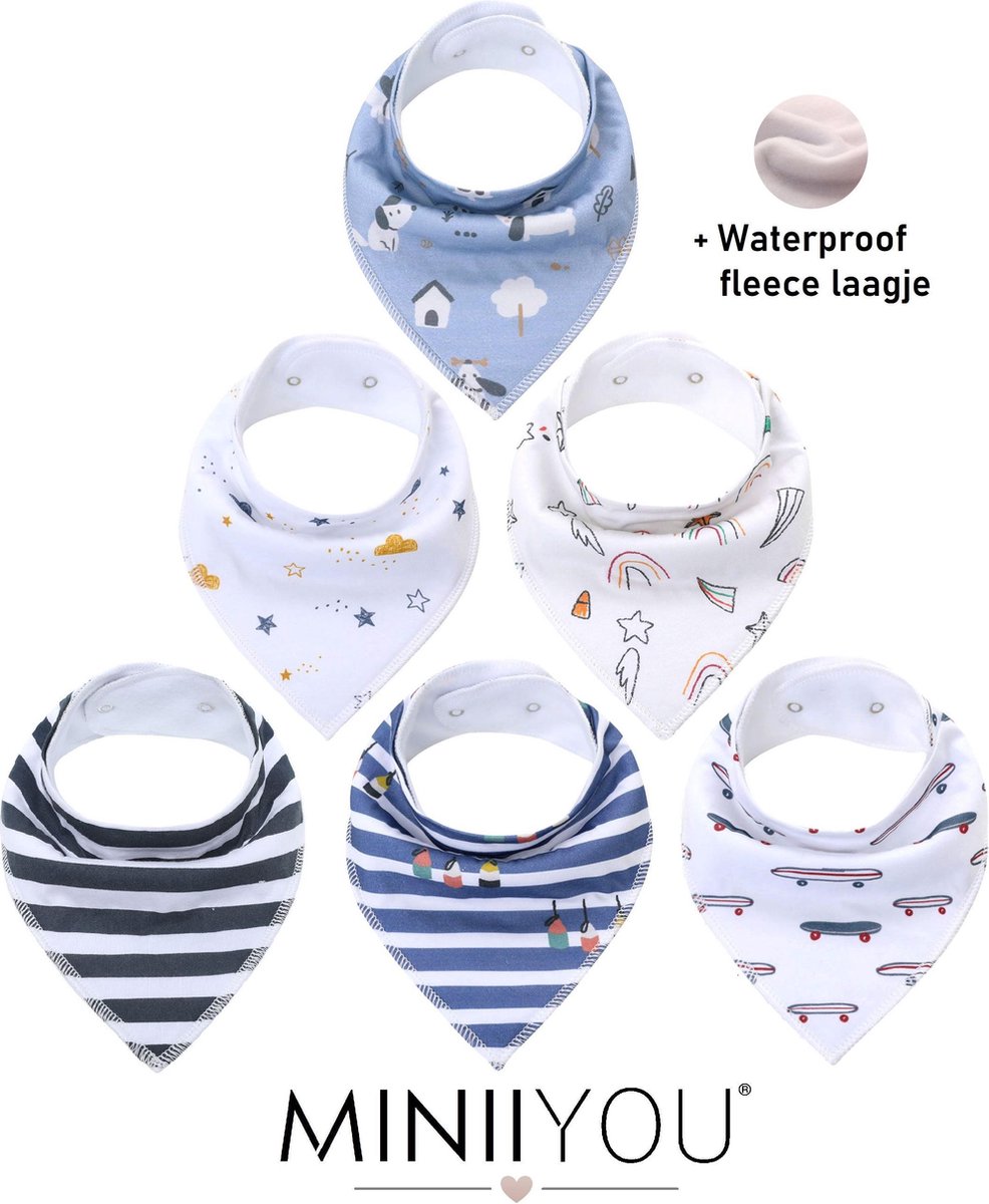 MINIIYOU® Set van 6 stuks | Bandana kwijl Slabbetjes jongens strepen blauw schattig | WATERPROOF fleece laag achterzijde | Baby en peuter slab | puntslab | Stoere Puntsjaaltjes | Slabber Verstelbaar in 2 maten | Biologisch katoen | Groot formaat