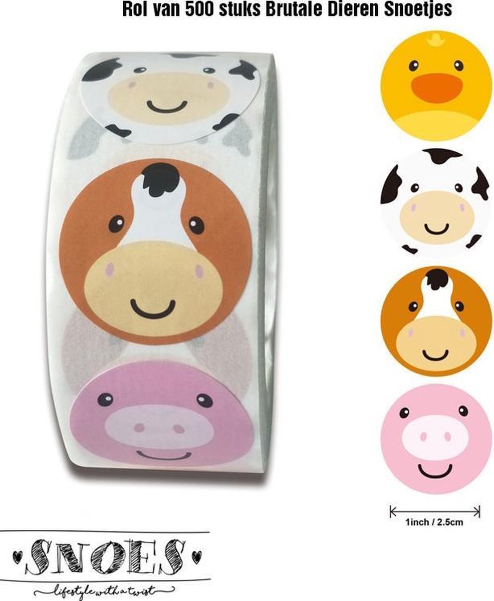 Snoes - sluitstickers 500 stuks - stickerrol - Brutale Dieren Snoetjes - beloningsstickers - stickers voor kinderen - schoolspullen - onderwijs - stickervellen - peuters - kleuters - Happy Animal Faces - Dieren Snoetjes - cadeau - kado - inpakken
