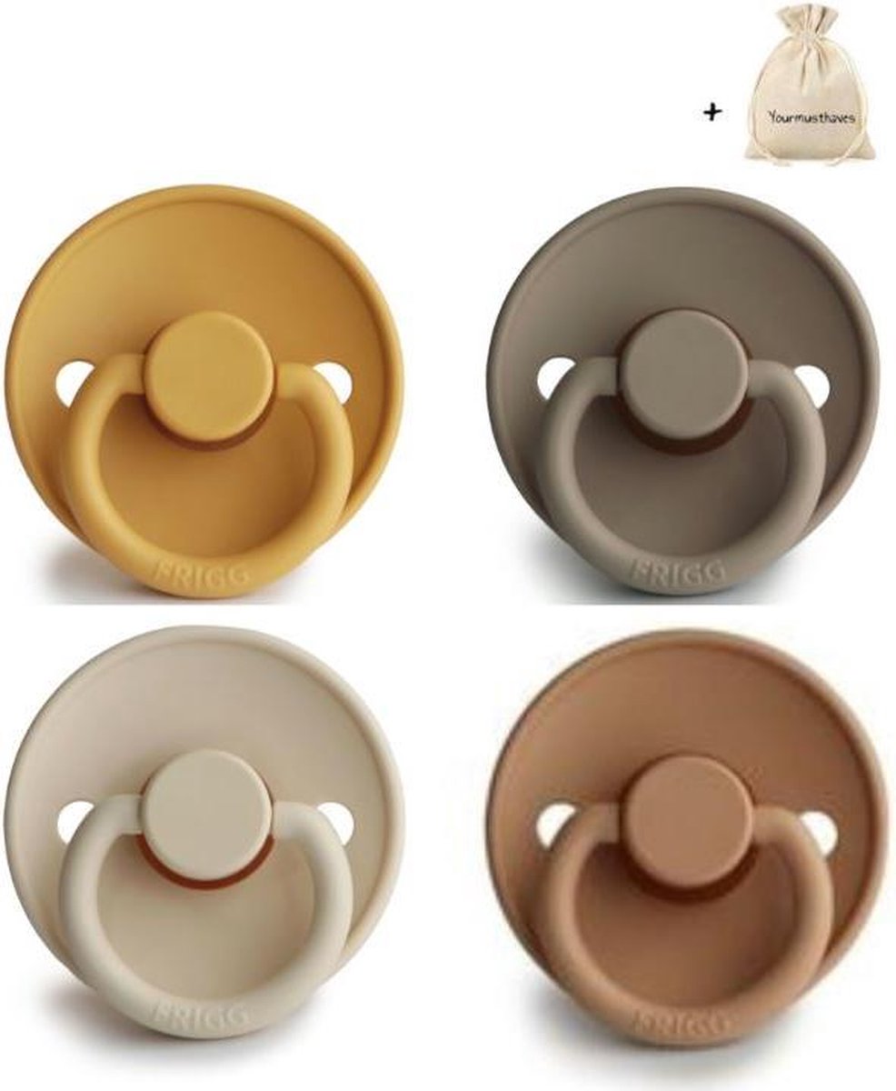 FRIGG | Fopspeen set 4 stuks | T2 | 6-18 maanden | Classic | Natuurrubber | Honey Gold + Portobello + Sandstone + Cappuccino | Met YOURMUSTHAVES speenzakje