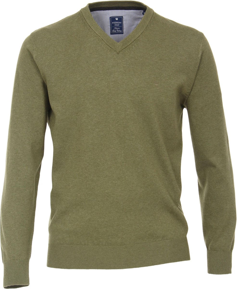 Redmond heren trui katoen V-hals - olijfgroen melange -  Maat: 4XL