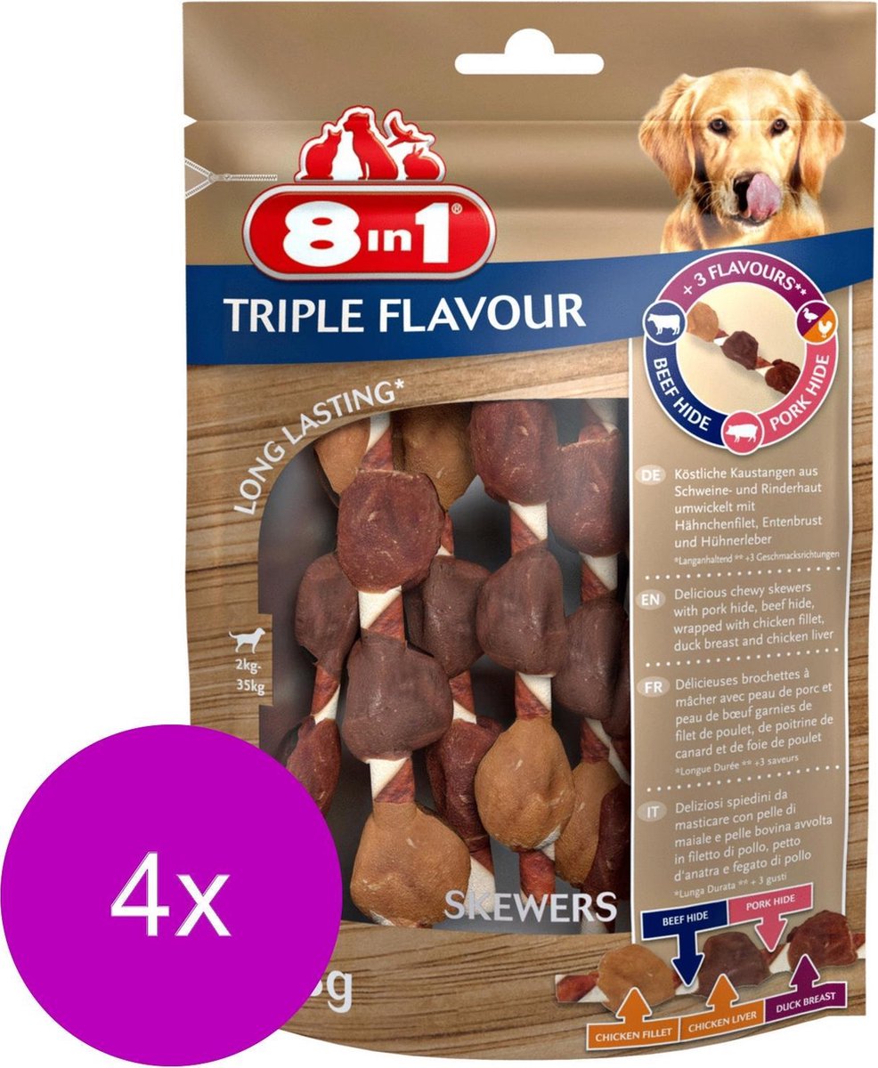 8in1 Delights Skewers Triple Flavour - Hondensnacks - 4 x Kip Varken Rund 113 g 6 stuks