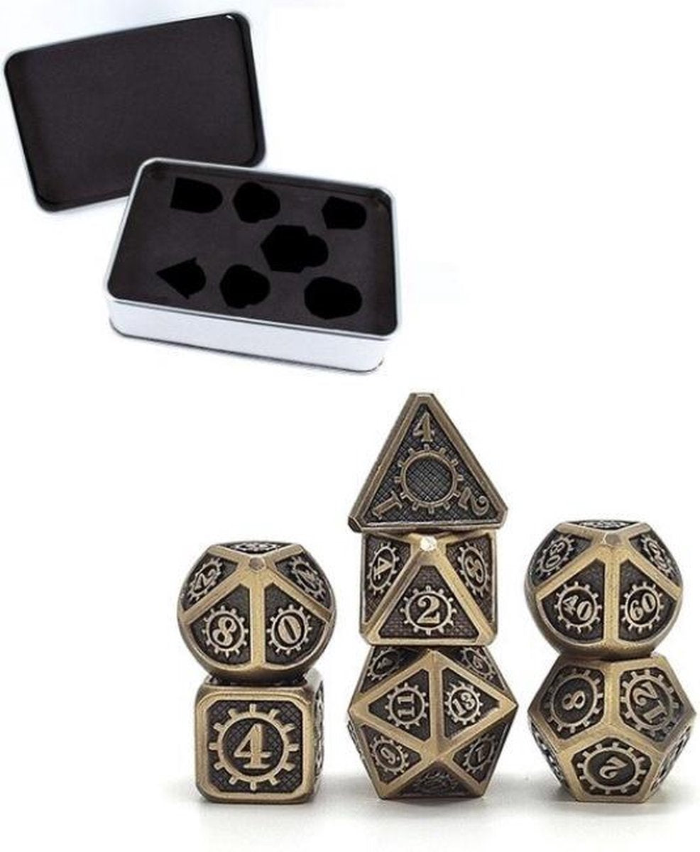 Metal Polydice set Steampunk - Metalen Polyhedral dobbelstenen set 8 delig | Set van 7 dice in gratis metalen doosje / metal case | dungeons and dragons dice | D&D Pathfinder RPG DnD | Koper (Metaal)