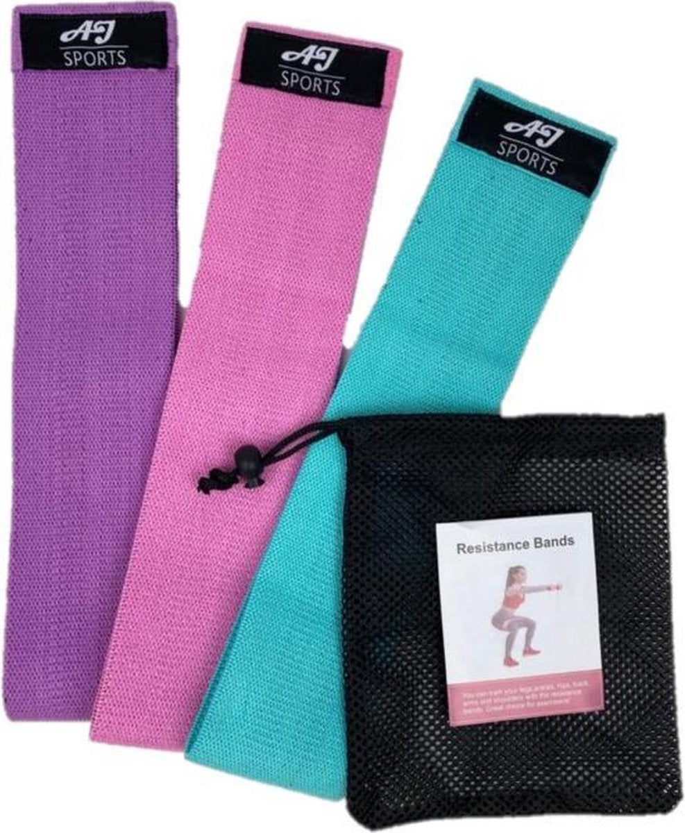 AJ-Sports Weerstandsbanden - Booty Band - Resistance band - Fitness elastiek - set van 3 weerstandsbanden - Resistance band - Fitness band - Home workout - Inclusief handleiding en draagtas