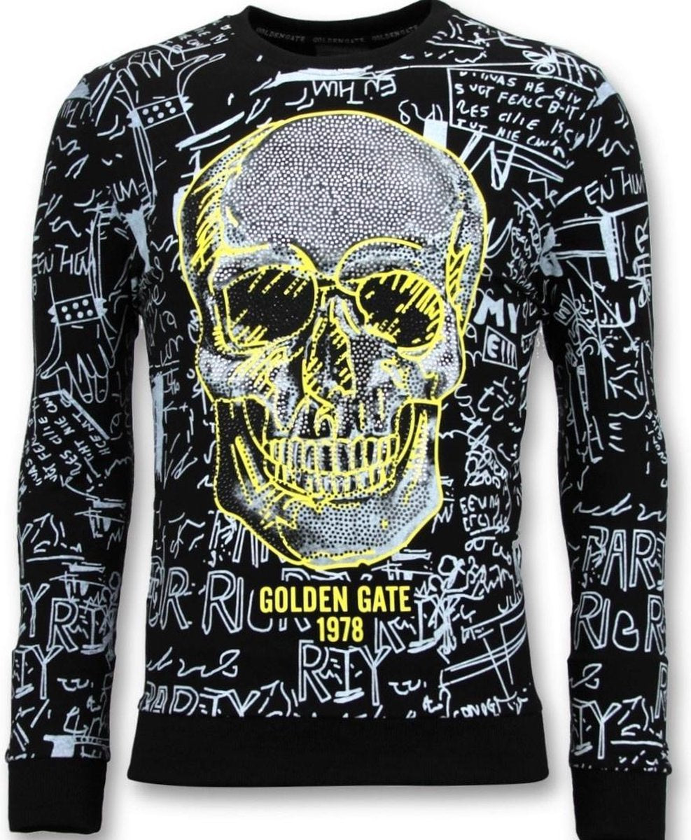 ENOS Heren Sweater met Print - Skull Crewneck - Zwart - Maten: XS