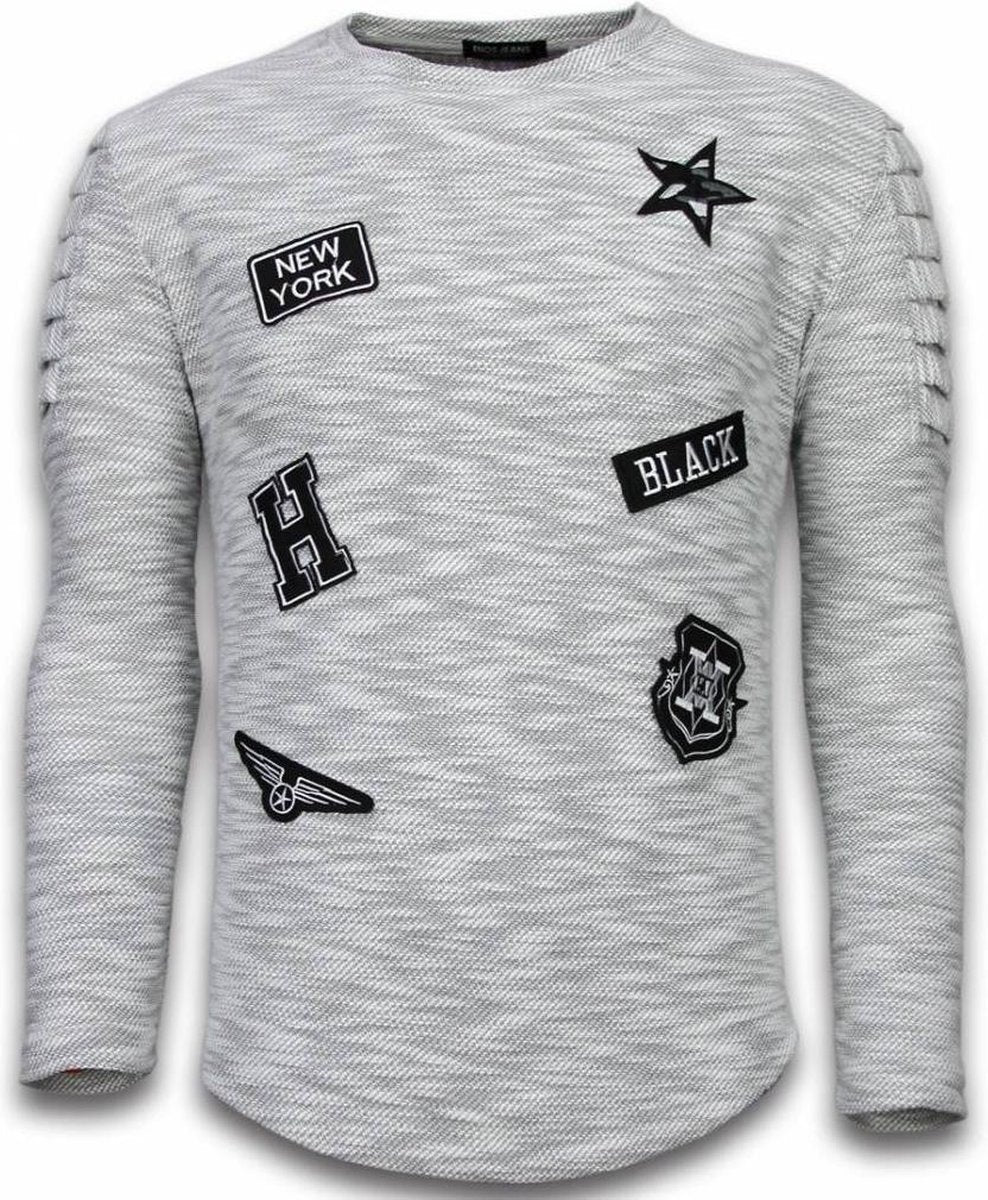 Enos Sweater Heren - Longsleeve - Long Fit Sweater Exclusieve Sweater - Patches Biker Sleeves - Grijs - Maten: L