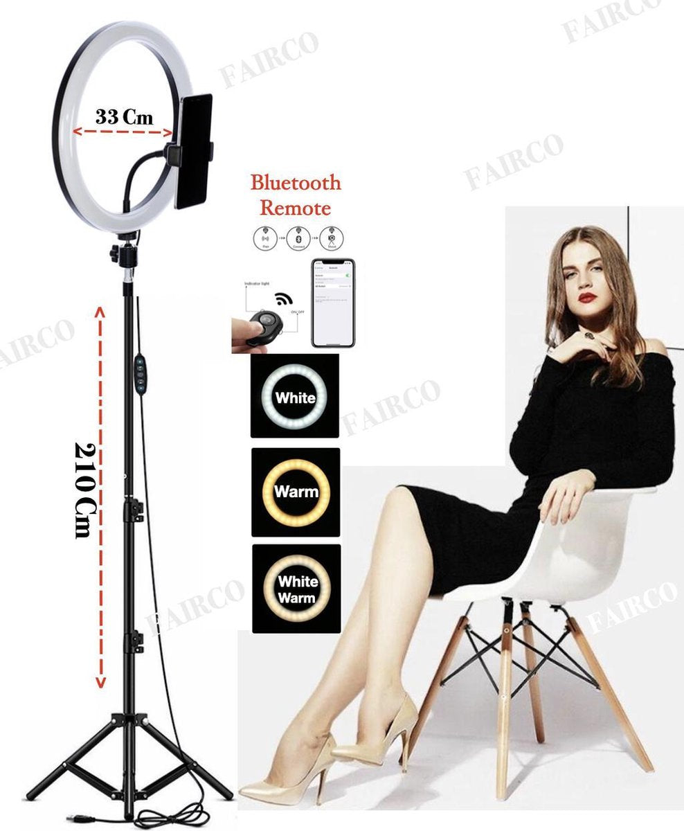 LED Ring Light 33Cm met Statief 210 CM hoog Inclusief Bluetooth afstandsbediening en Telefoonhouder - Smartphone Tripod - LED Ringlamp - Ring Light - flitser - Make-up light - Studiolamp – Fairco