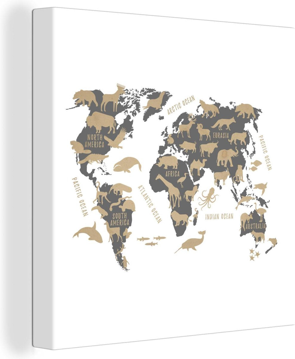 Canvas Schilderijen - Wereldkaart Kinderen - Bruin - Dieren - 20x20 cm - Wanddecoratie