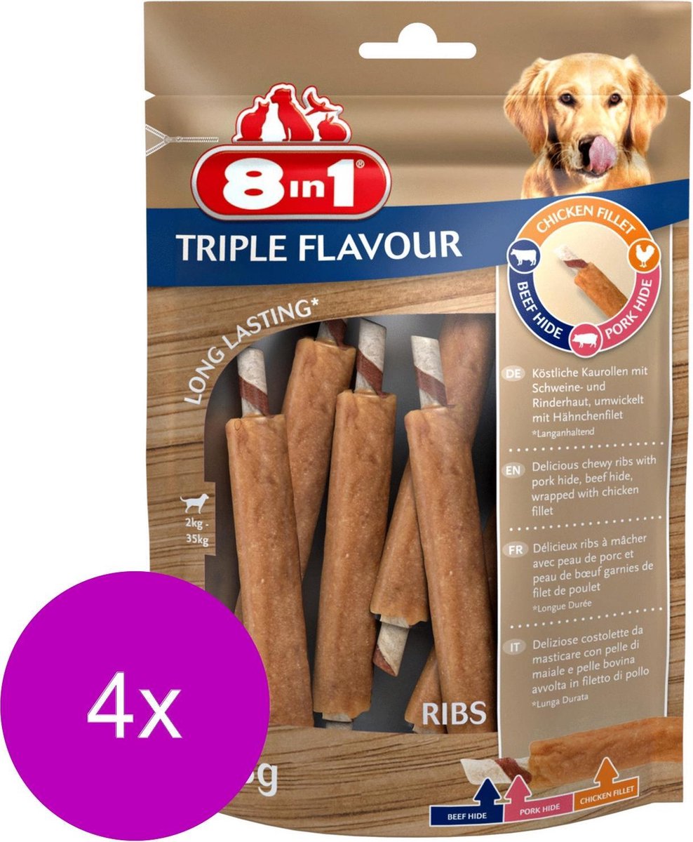 8in1 Delights Ribs Triple Flavour - Hondensnacks - 4 x Kip Varken Rund 113 g 6 stuks