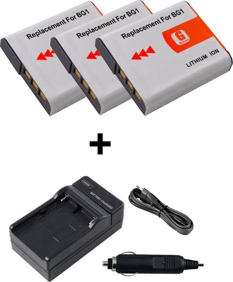Lader voor Sony NP-BG1 plus 3 accu's	 Geschikt voor thuis (wereldwijd) en in de auto
