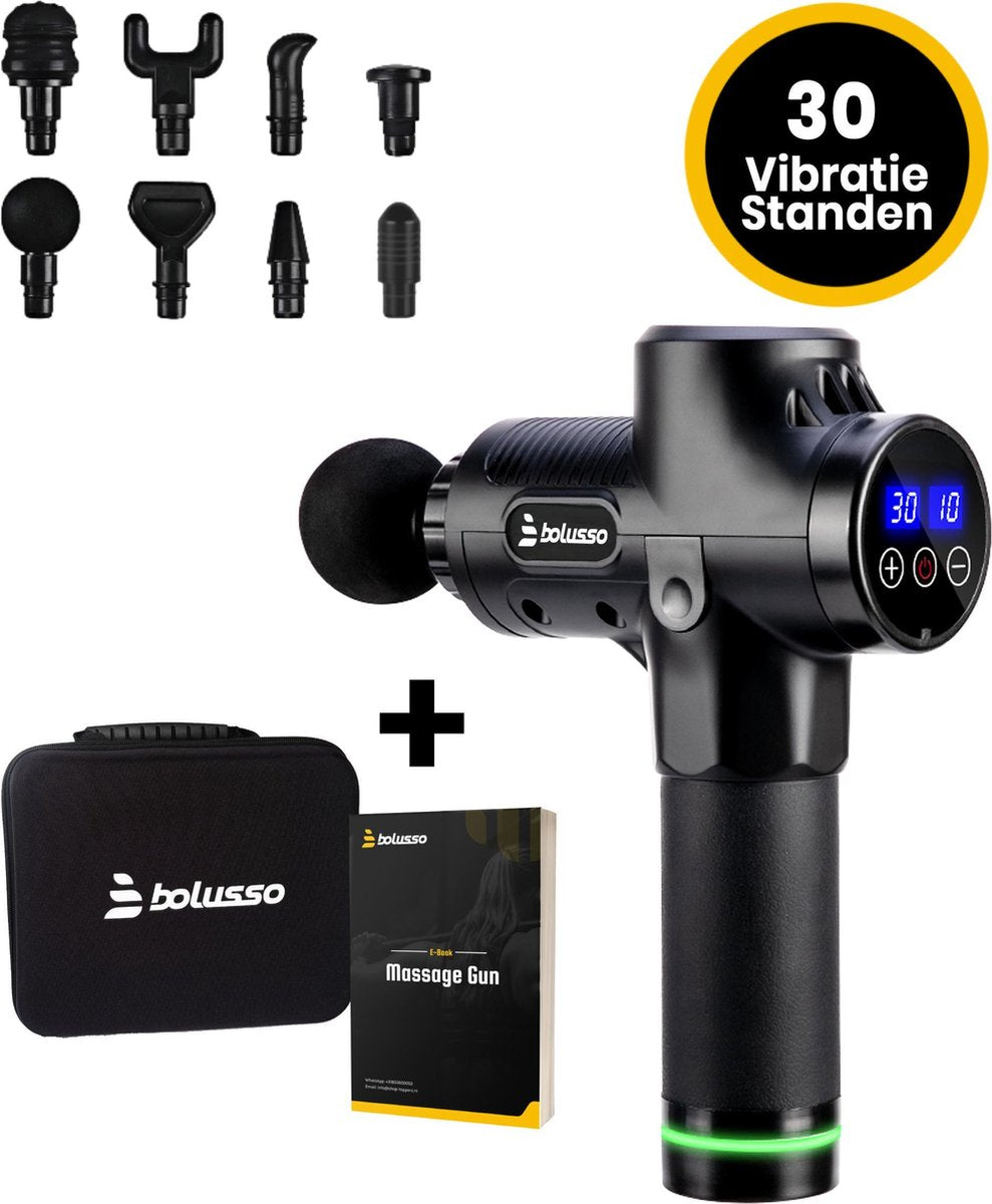 Bolusso® Premium Massage Gun - Sport en Relax Massage - Massage Apparaat - 8 Opzetstukken - 30 Standen - Professioneel - Gratis E-book