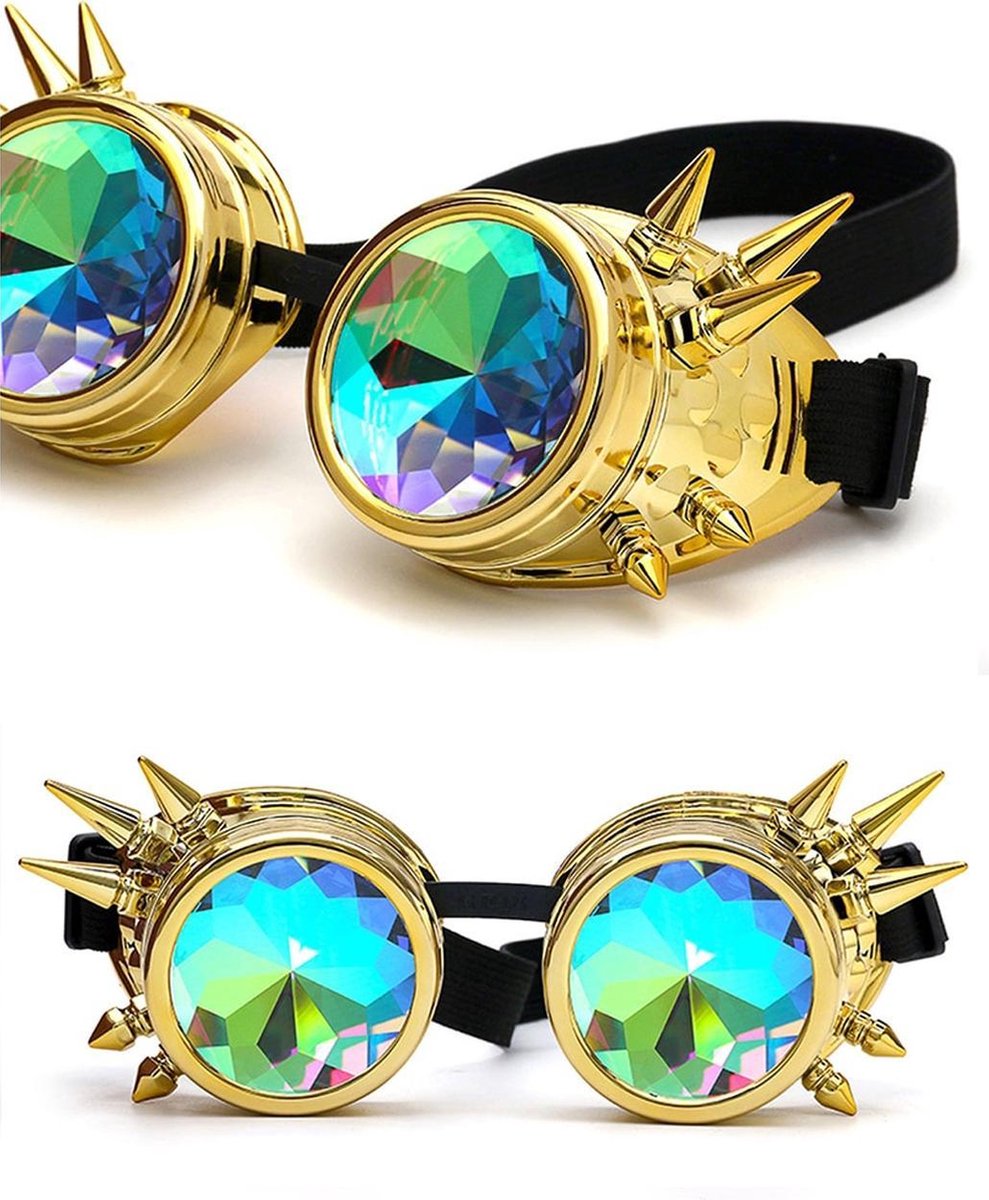 Caleidoscoop bril goggles Steampunk - goud spikes - festival spacebril