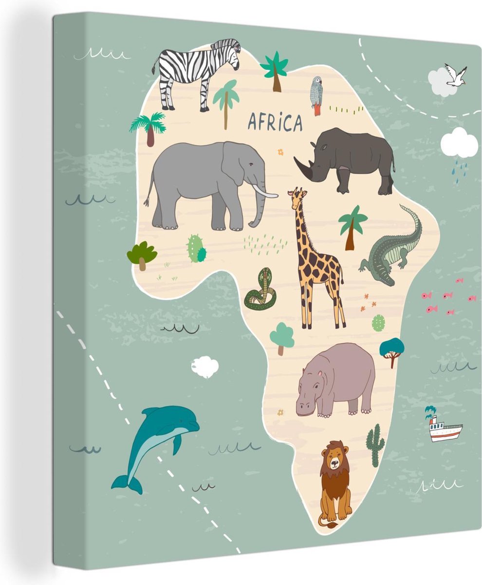Wereldkaarten - Afrika - Wereldkaart kinderen - Dieren - 20x20 cm - Canvas