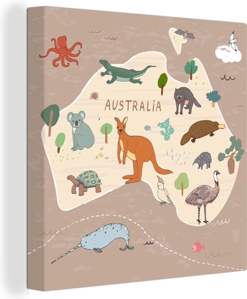 Wereldkaarten - Wereldkaart kinderen - Australië - Bruin - 20x20 cm - Canvas