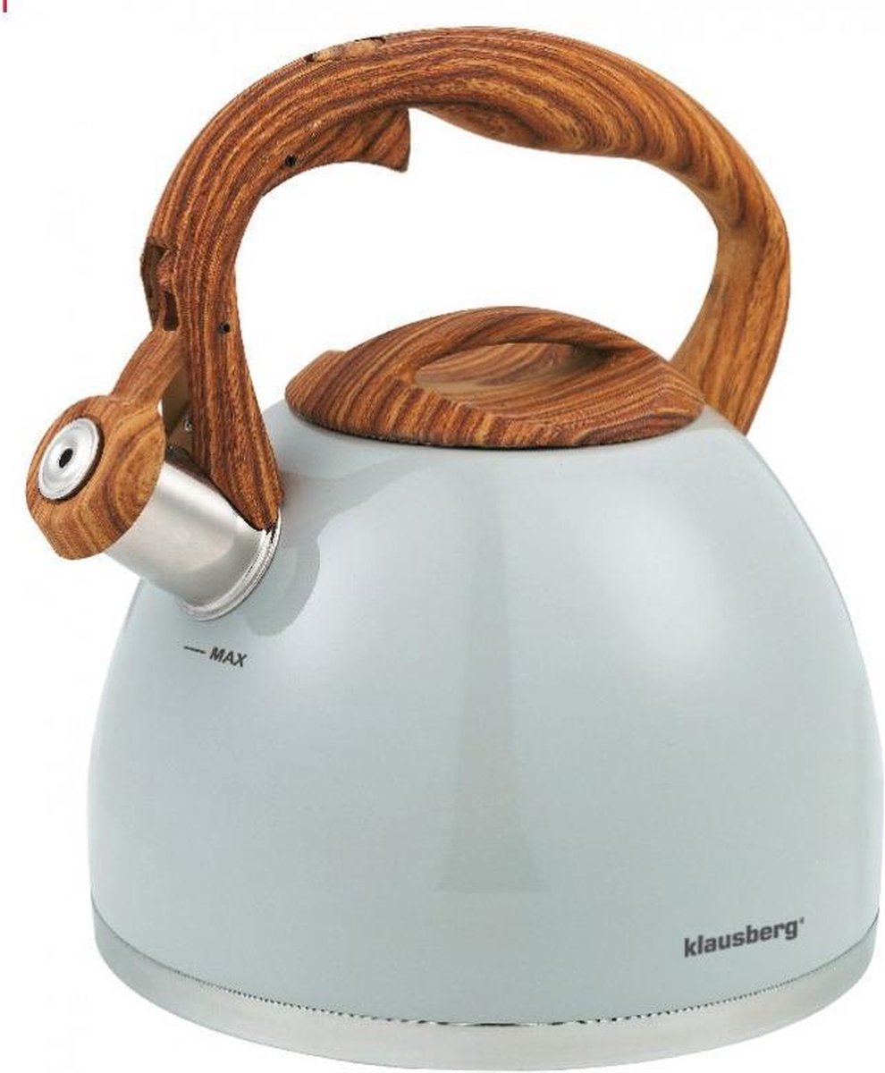 Fluitketel Inductie Gas Waterkoker 3.0 L ‘’Calabro’’ RVS Ivoor Wit met Houtnerf