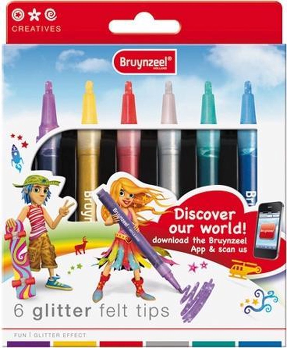 Bruynzeel Glitter Felt Tips - Viltstiften - Glitter stiften - 6 stuks