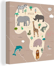 Wereldkaarten - Dieren - Wereldkaart kinderen - Afrika - 20x20 cm - Canvas