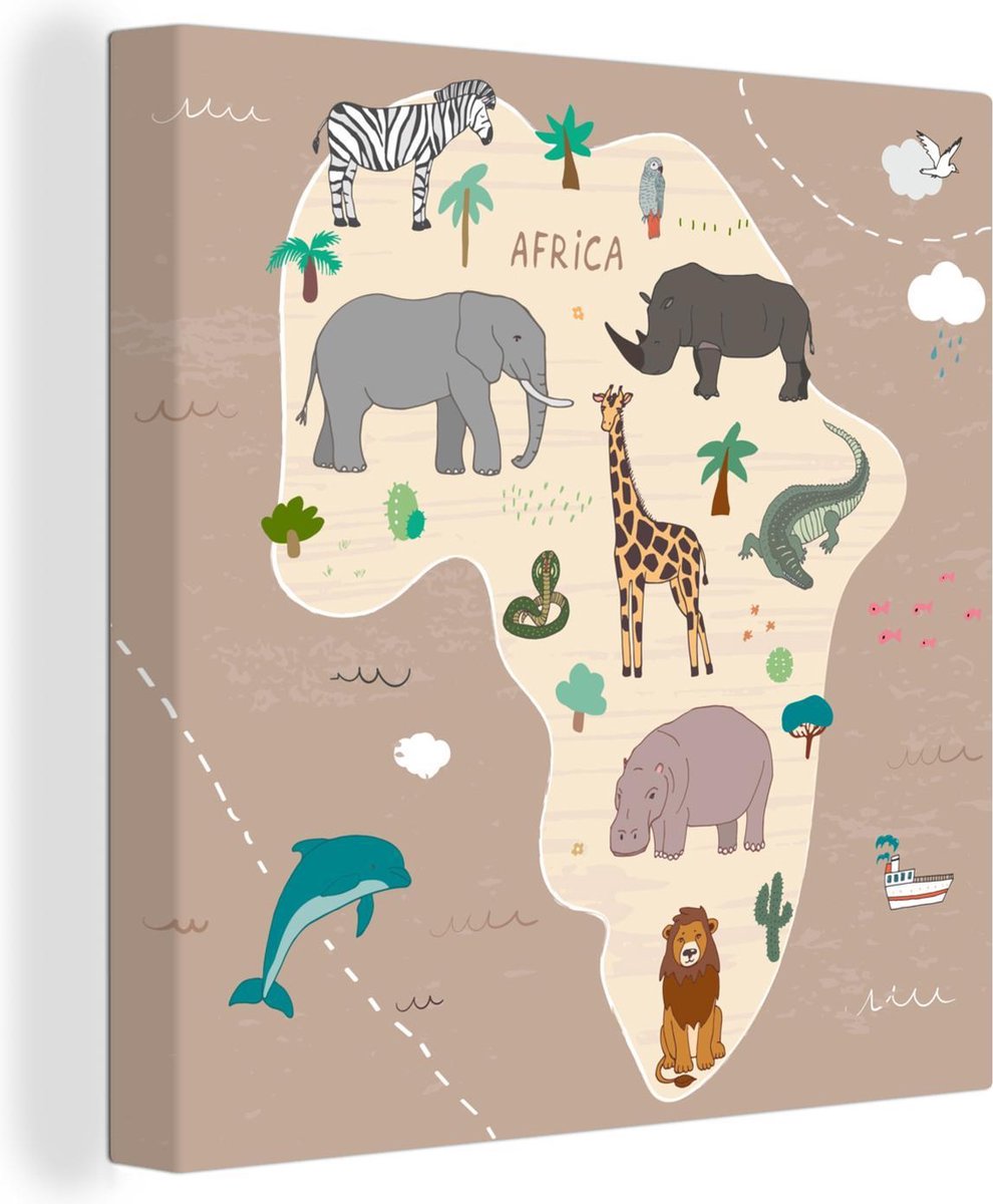 Wereldkaarten - Dieren - Wereldkaart kinderen - Afrika - 20x20 cm - Canvas
