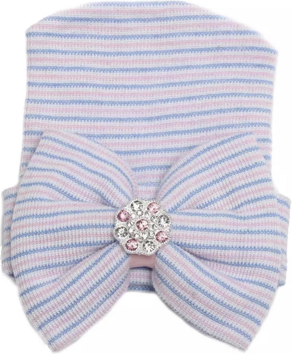 Newborn muts diamonds - pink/bleu - roze/blauw - muts met strik en steentjes