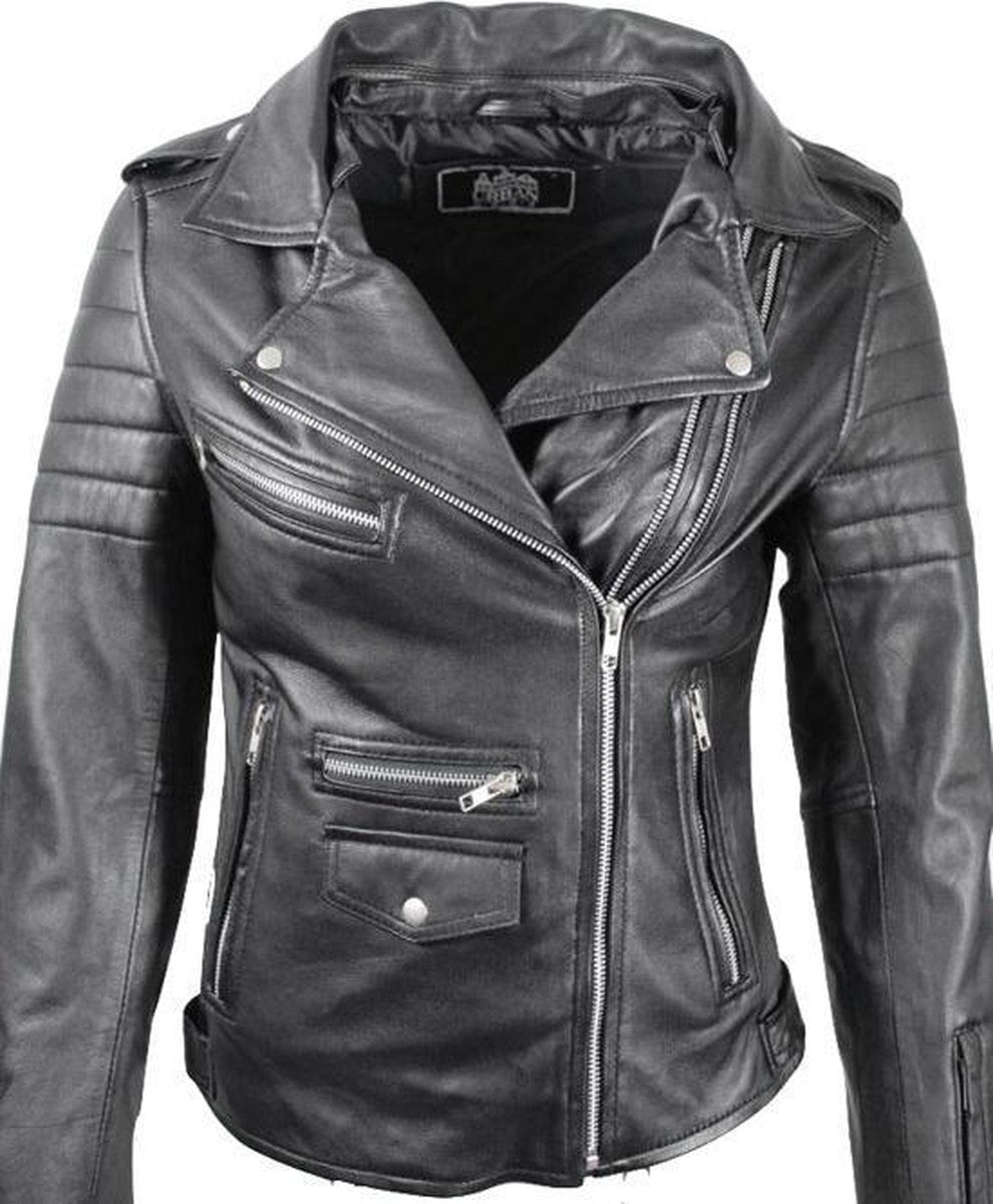 Mandy dames biker jack lams leer zwart - S