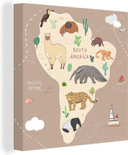 Wereldkaarten - Dieren - Wereldkaart kinderen - Bruin - 20x20 cm - Canvas