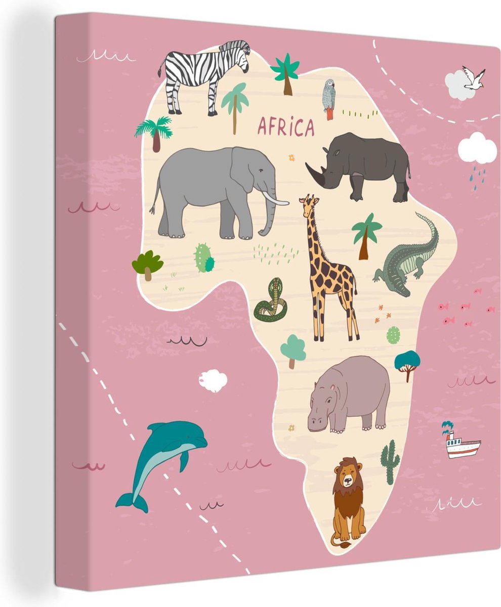 Wereldkaarten - Dieren - Afrika - Wereldkaart kinderen - 20x20 cm - Canvas