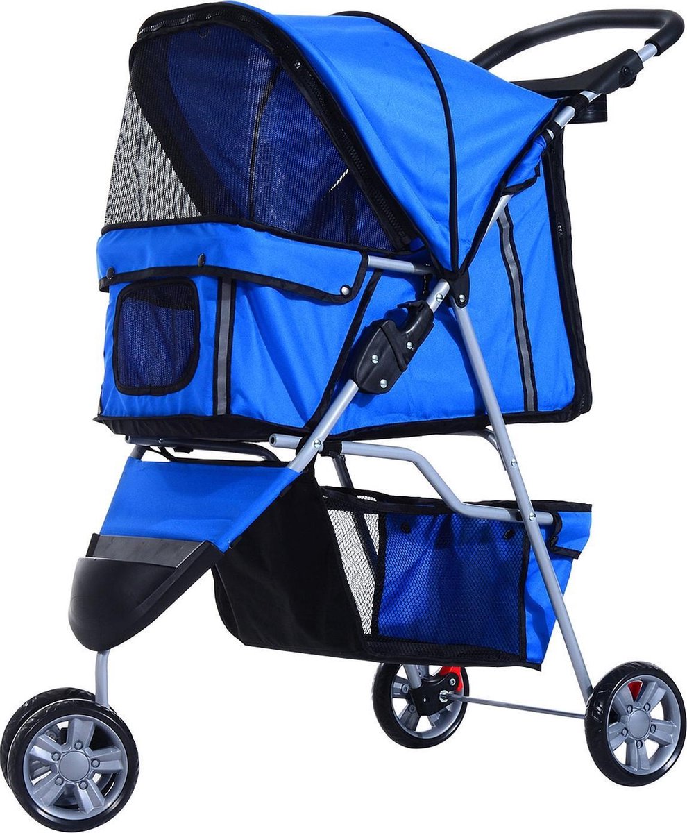 PawHut Hondenbuggy met zonnedak en opbergnet blauw 75 x 45 x 97cm