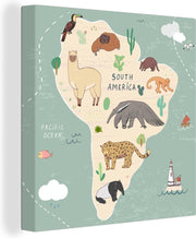 Wereldkaarten - Wereldkaart kinderen - Groen - Dieren - 20x20 cm - Canvas