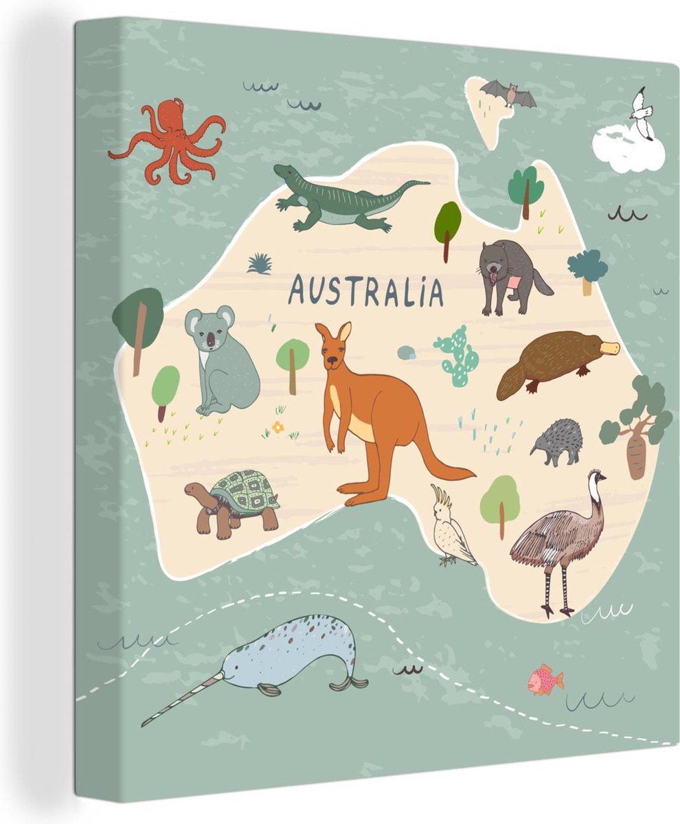 Wereldkaarten - Wereldkaart kinderen - Dieren - Australië - 20x20 cm - Canvas