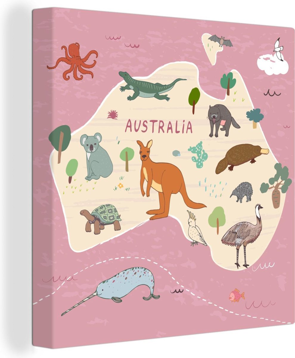 Wereldkaarten - Dieren - Wereldkaart kinderen - Australië - 20x20 cm - Canvas