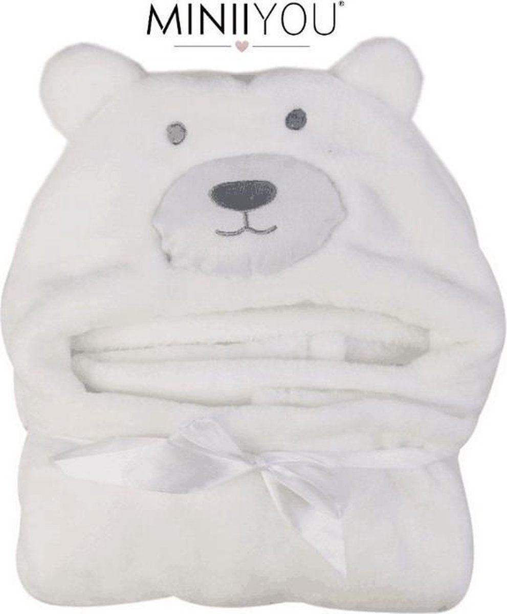 Witte Beer Baby Badcape met Capuchon - Wikkeldeken - Fleece Deken - Kraamcadeau