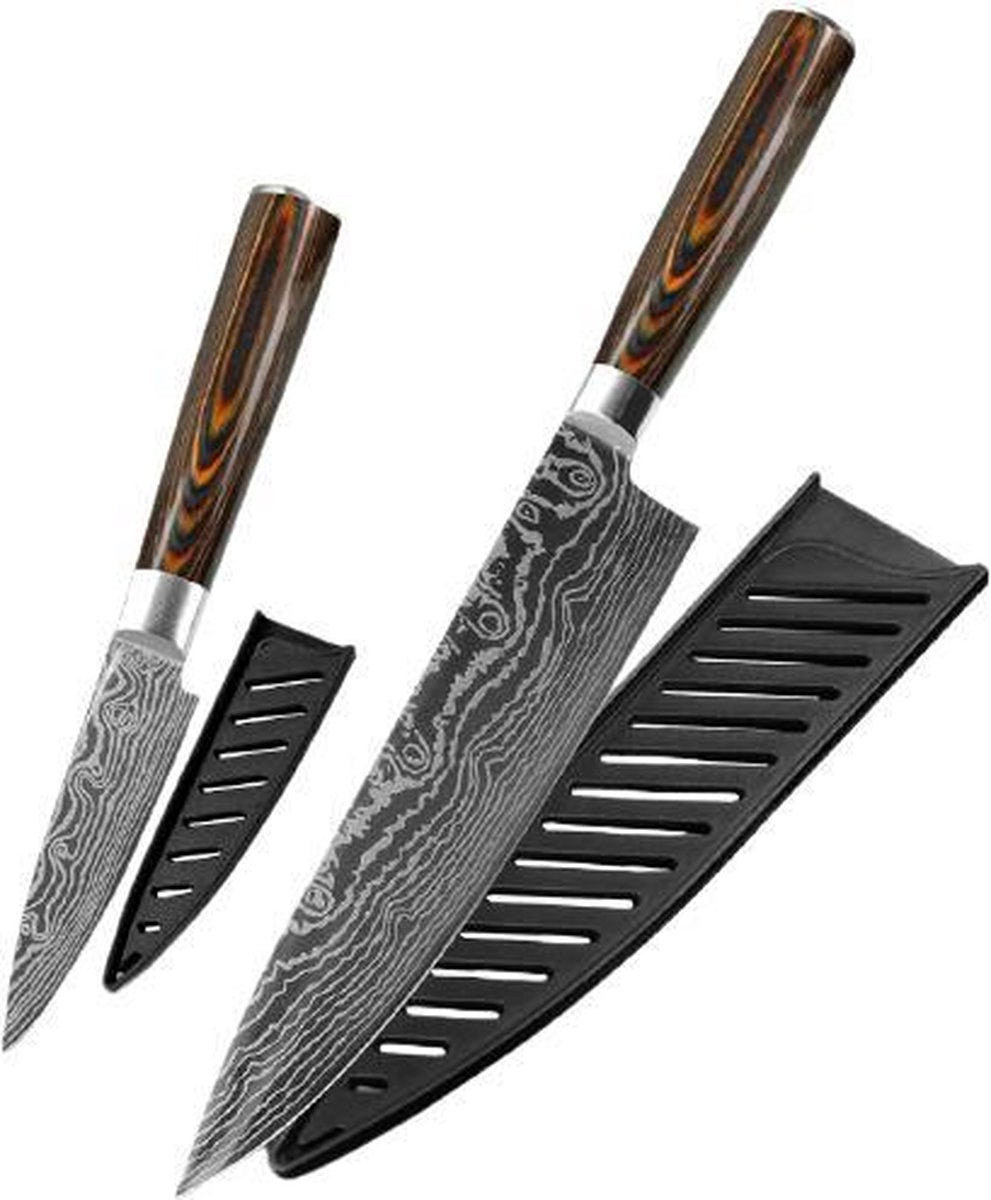 Professioneel Japans Koksmes - Paring 19cm & Koksmes 32cm - RVS - Vlijmscherp - Keuken - 67 Lagen - 58-60HC - Carbon - Damastmes - Damascus - Damascuspatroon - Schilmes